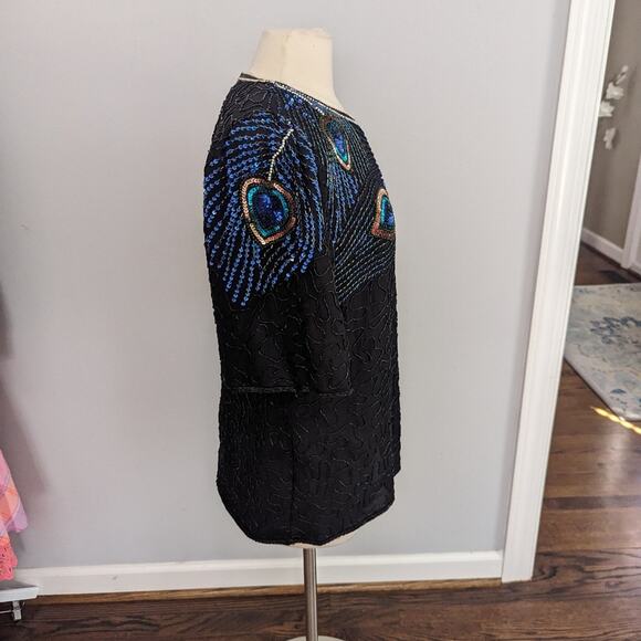 Vintage Women's Peacock 1X Elegant Black Beaded Women's Top Blouse Art to Wear - Picture 4 of 9
